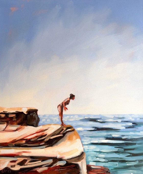 Jump or not? - Woman on Rocks Seascape Original Painting