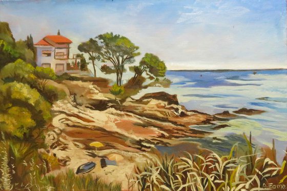 The seaside house, Seascape, Original Oil Painting by Anne Zamo