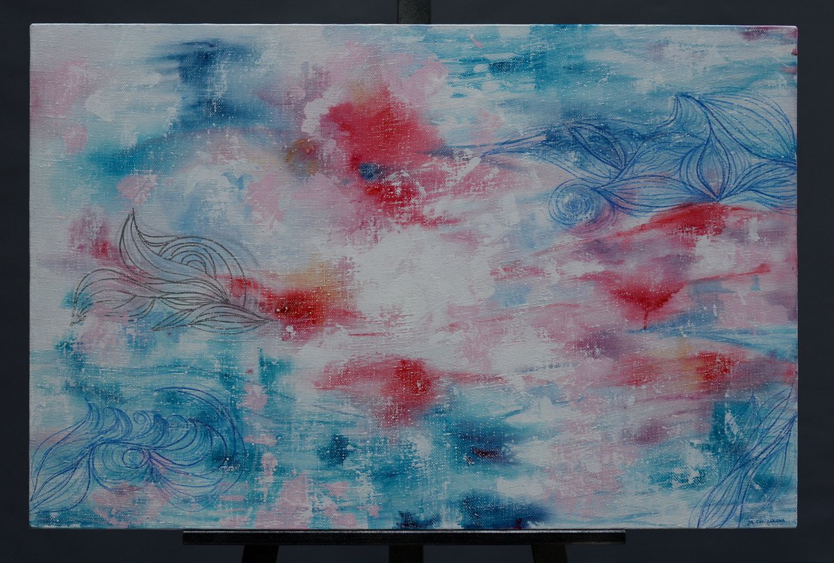 Light blue and pink abstraction Lace in the water by Maria Svetlakova