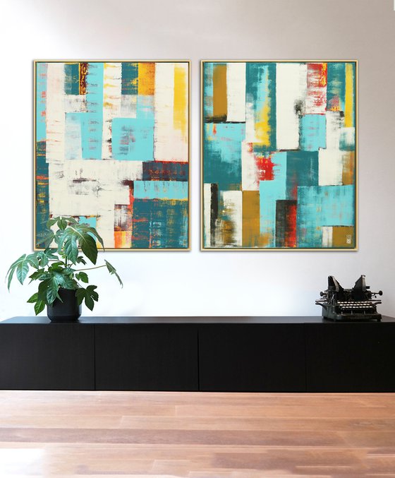 Vertical Abstract Painting - Incl Frame - Untitled in Yellow- 95x115cm - Ronald Hunter - 16J