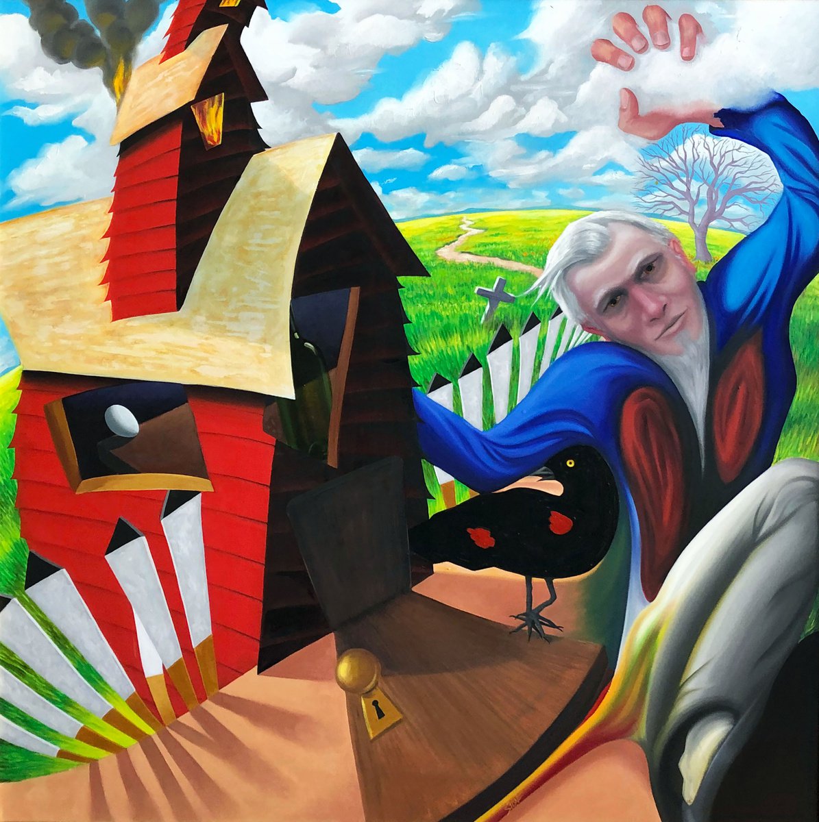 Surrealistic Oil Painting , Burning House By Bill Stone, 53 X 53, Artwork For Sale On Artfinder