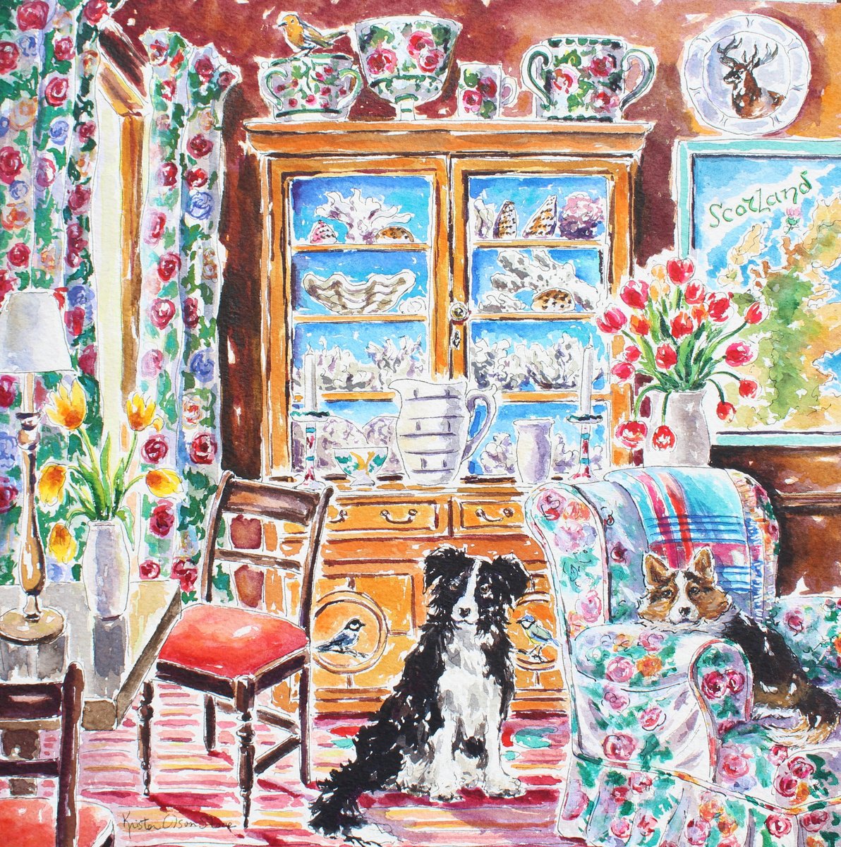 Impressionistic Animal Watercolour By Kristen Olson Stone, 12 X 12", Table For Two, Original Artwork