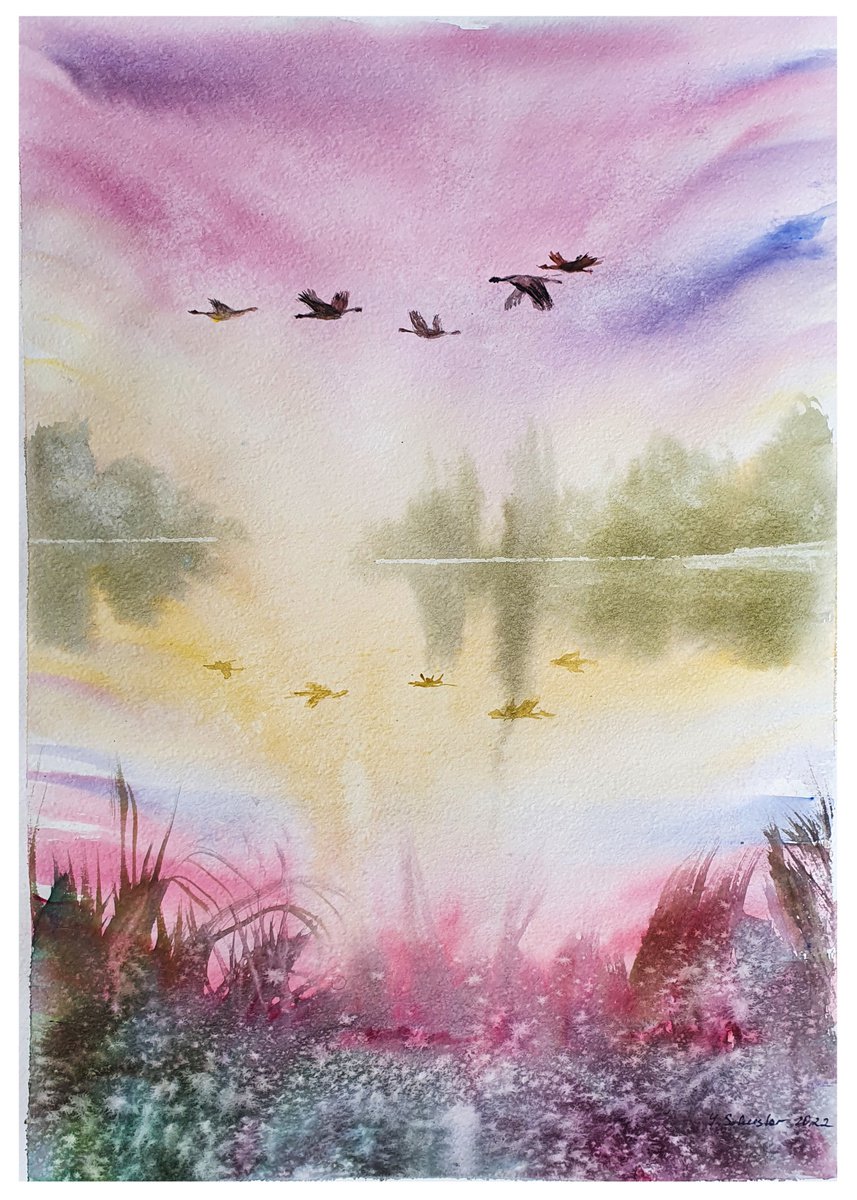 Impressionistic Landscape Watercolour By Yulia Schuster, 12 X 17", Evening Flight, Original Artwork