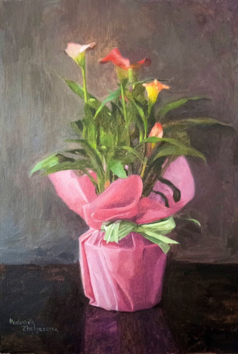 Impressionistic Still Life Oil Painting By Radosveta Zhelyazkova, 14 X 20", Cyclamen Calla Lily, Original Artwork