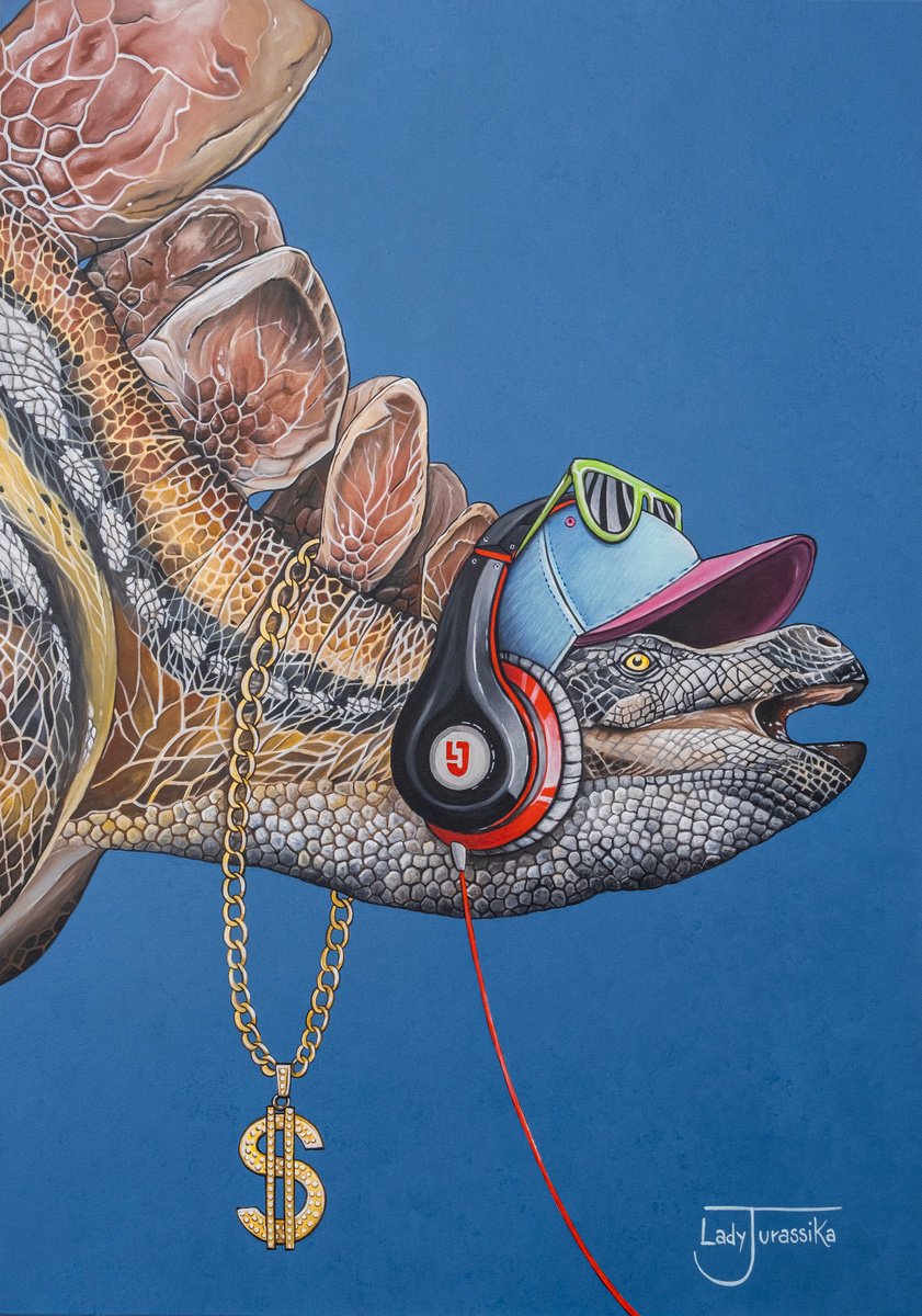 Illustrative Animal Acrylic Painting By Lady Jurassika, 20 X 28", Dj-Stegus, Original Artwork