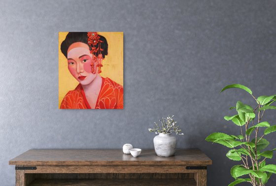 Geisha in kimono on the gold background portrait number 3