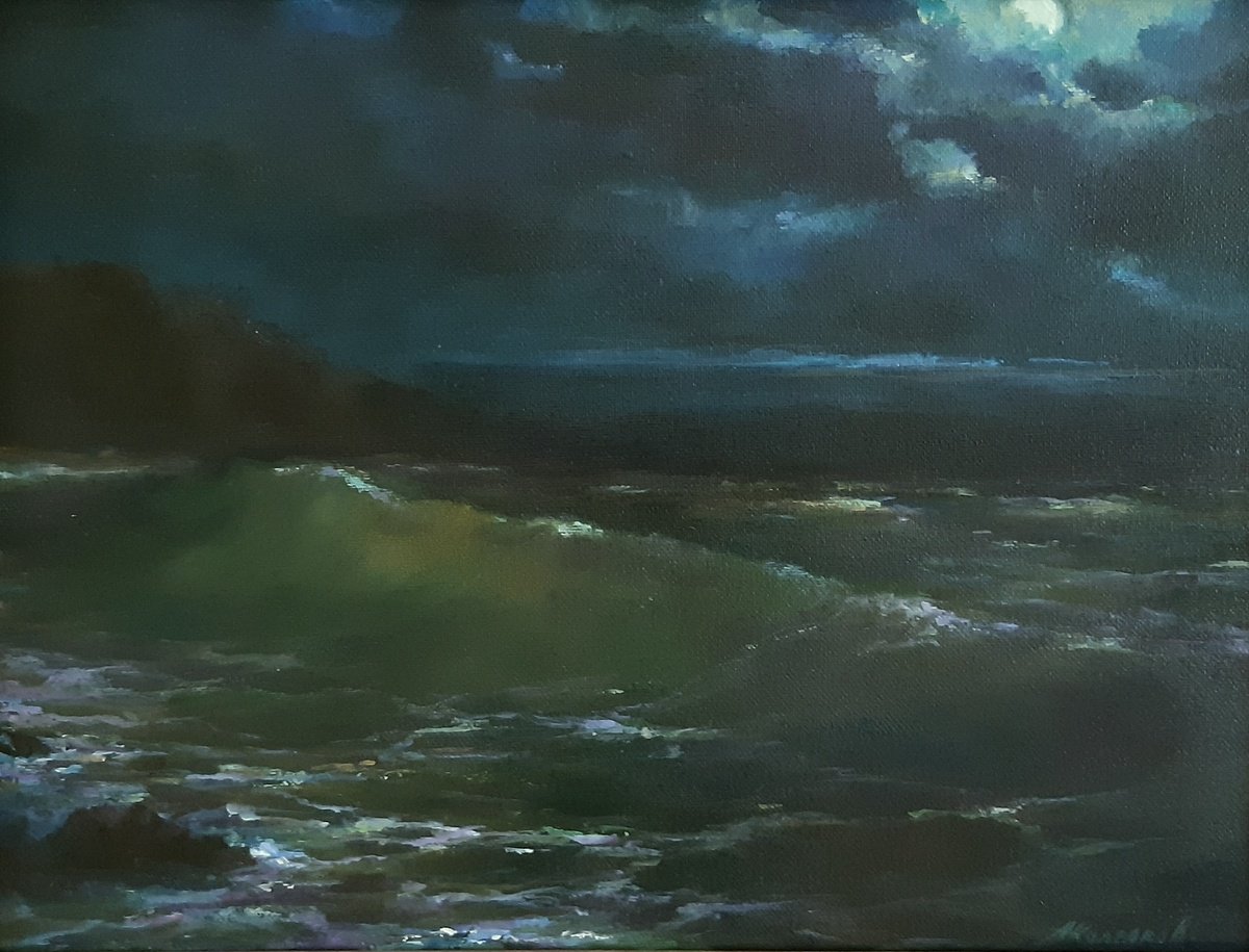 Impressionistic Landscape Acrylic Painting By Alexander Koltakov, 16 X 12, Night Sea Breeze, Original Artwork