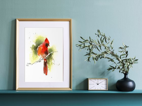 Northern Cardinal Bird Watercolor Painting