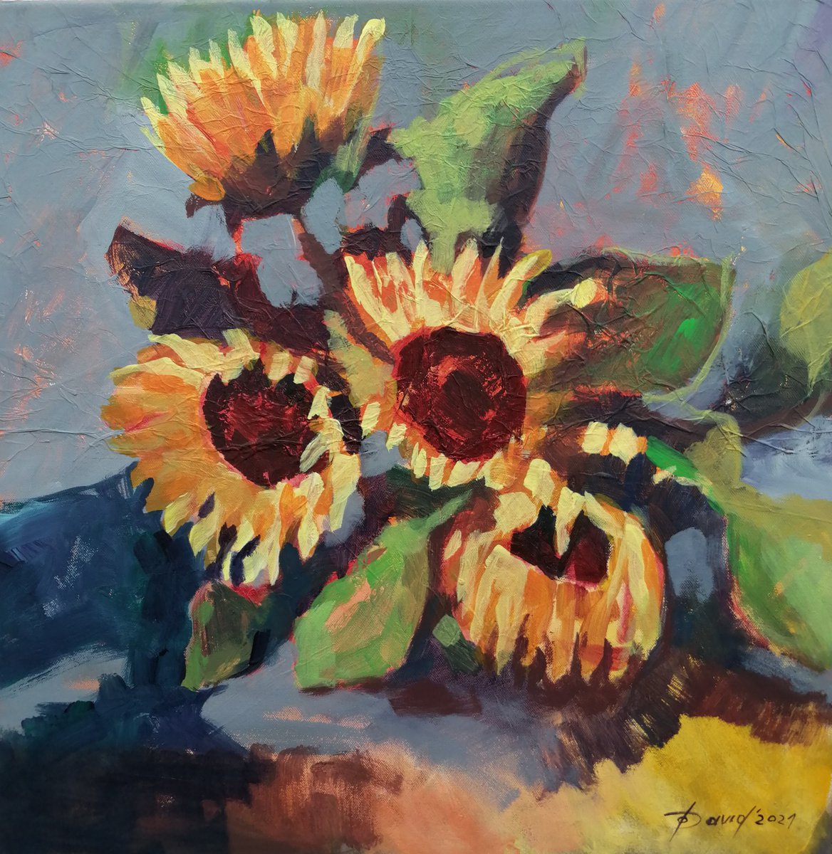 Expressive Still Life Acrylic Painting By Olga David, 24 X 24", Sunflowers, Original Artwork