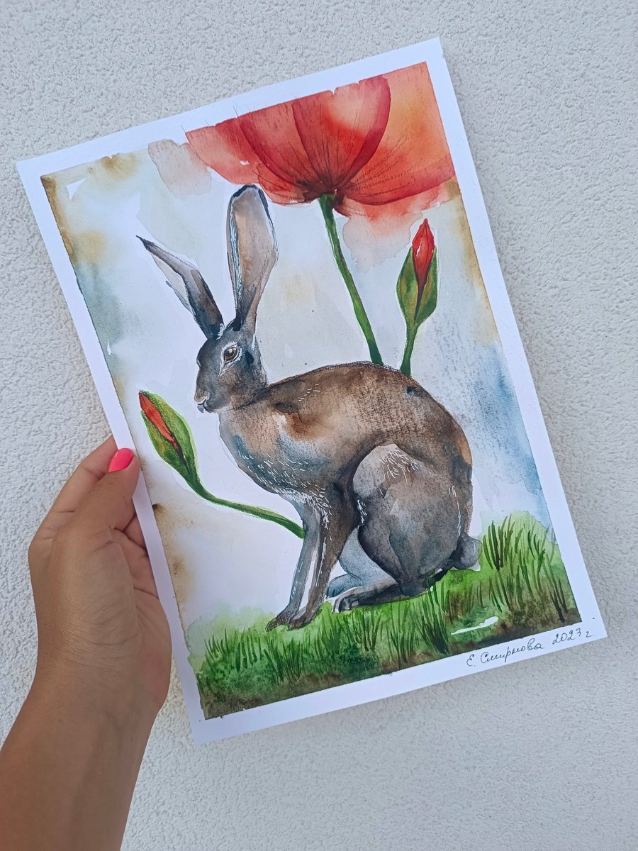 Rabbit In Poppy Flower Field (small) by Evgenia Smirnova