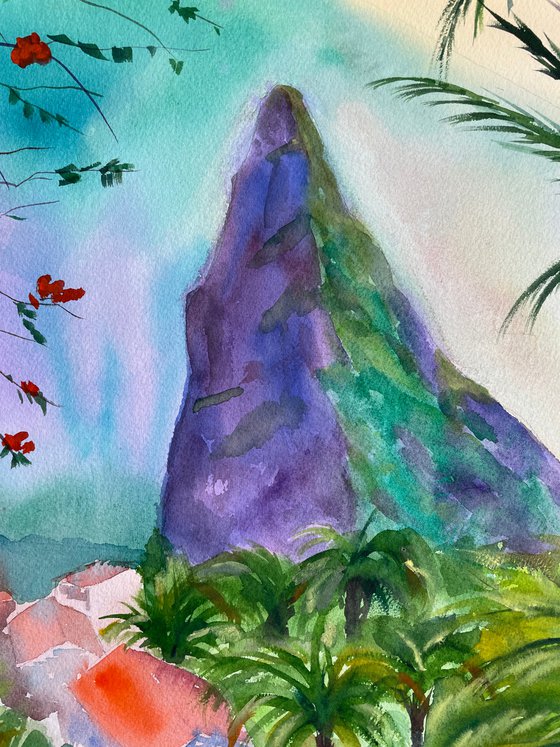 Tropical Original Watercolor Painting, Large Landscape Artwork, Canary Islands Wall Art, Mountain Picture
