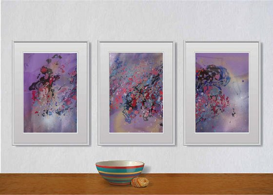 Set of 3 Fluid abstract original paintings on carton - 18J038