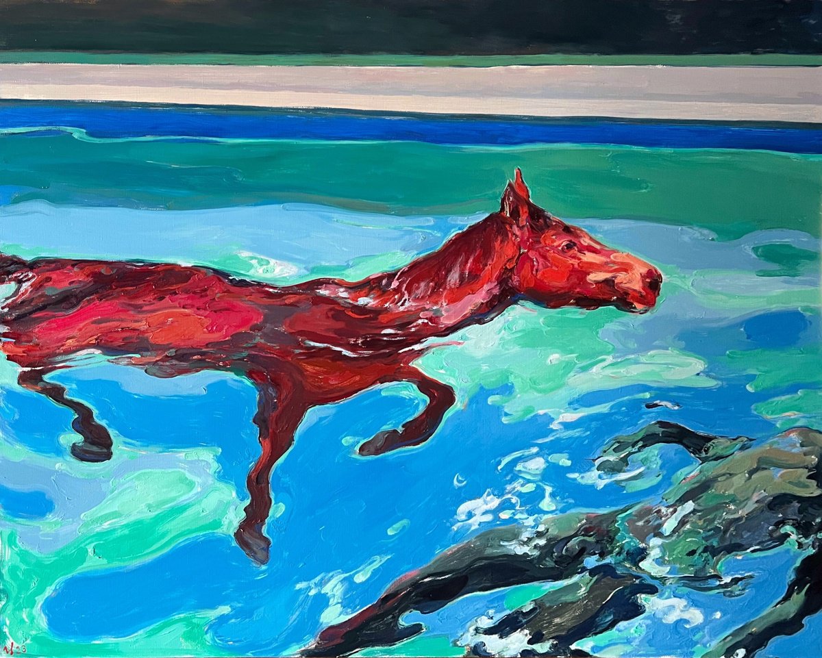 Impressionistic Animal Oil Painting By Ilya Filatov, 47 X 39, Bathing, Original Artwork