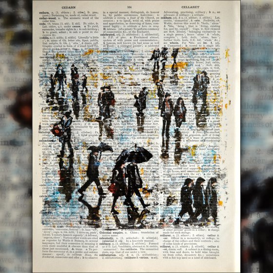 At the City 2 - Collage Art on Large Real English Dictionary Vintage Book Page