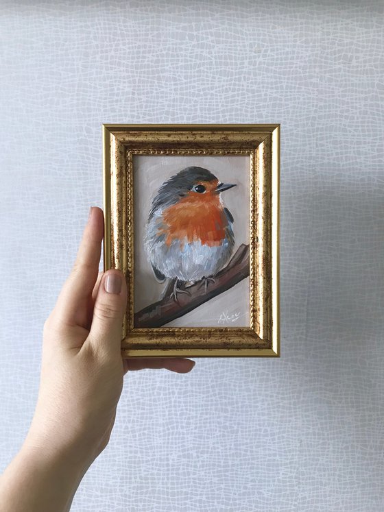Robin Bird painting mini art framed