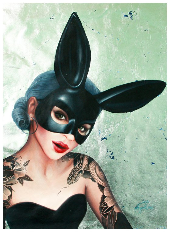 bdsm lady, Original art of cute rabbit, bdsm mask, woman with tattoo , rabbit mask, girl with tattoo, tattoo art bdsm games,black mask,print art bdsm