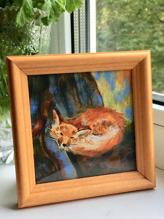 Sleeping fox oil painting - Animal original small canvas - Tiny framed artwork (2021)