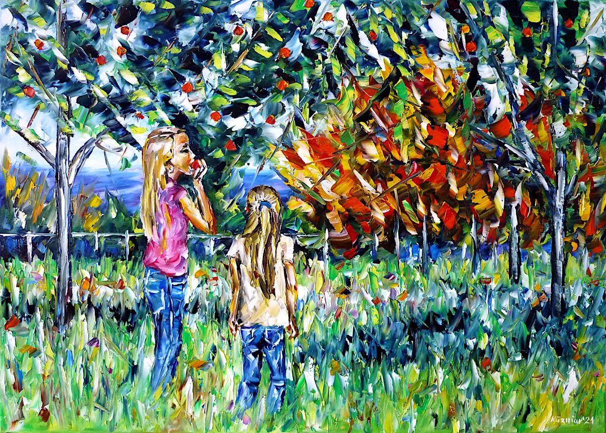 Expressive Oil Painting , Children Under The Apple Tree By Mirek Kuzniar, 28 X 20, Artwork For Sale On Artfinder