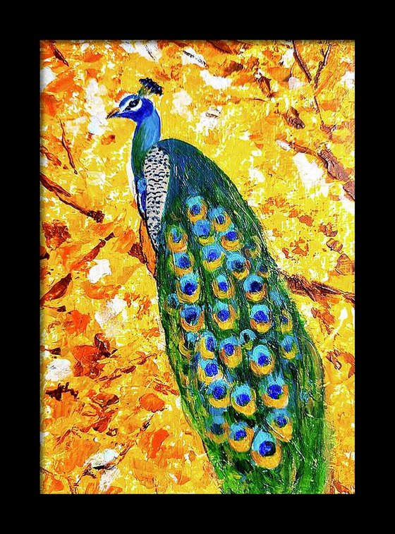 Peacock on the Golden Autumn tree