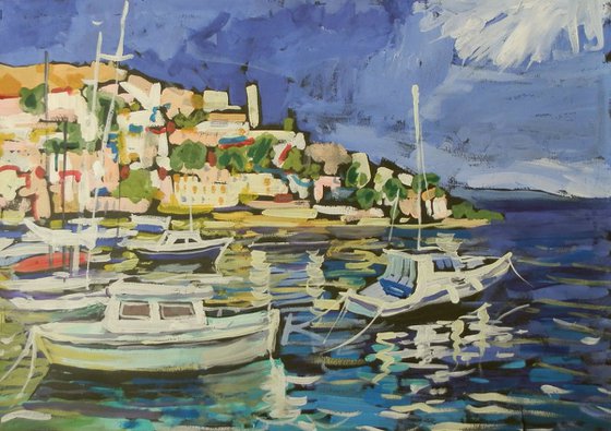 harbor, gouache painting 70x50 cm