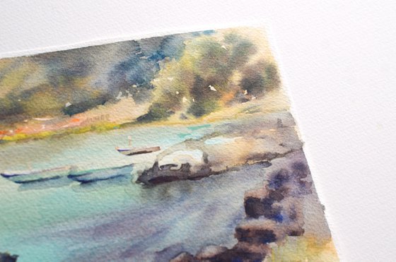 Boat by the sea in Montenegro, Watercolor turquoise seascape
