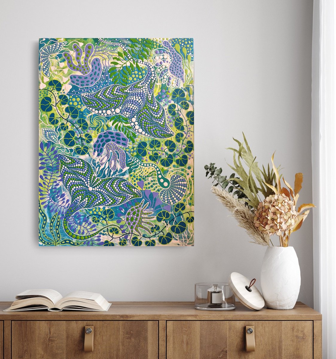 Expressive Landscape Acrylic Painting By Oxana Lazari, 24 X 31", Aquatic Mirage, Original Artwork