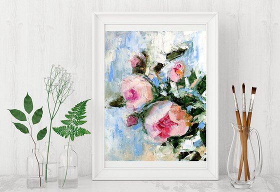 Floral Rose Painting Original Art Pink Flower Artwork Small Oil Wall Art