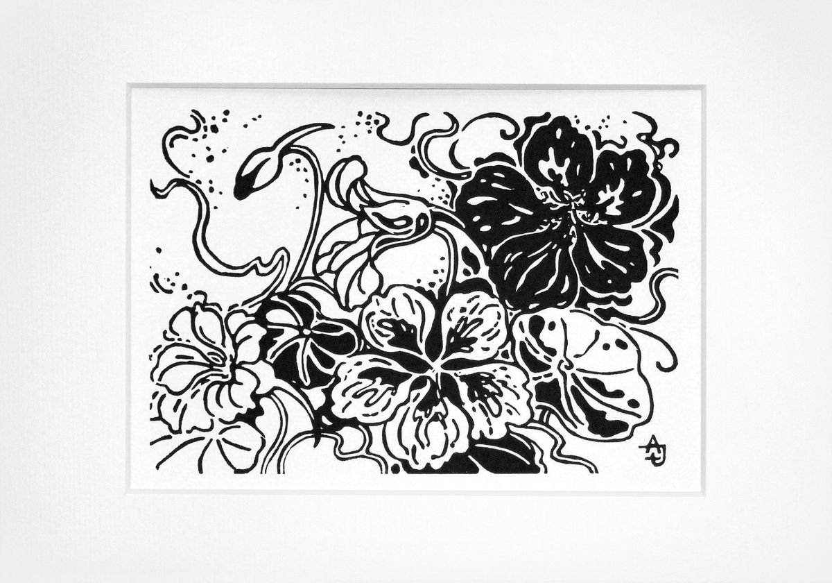 Graphic Botanical Linocut By Jolanta Czarnecka, 12 X 8, Garden My Love - Nasturtiums, Original Artwork