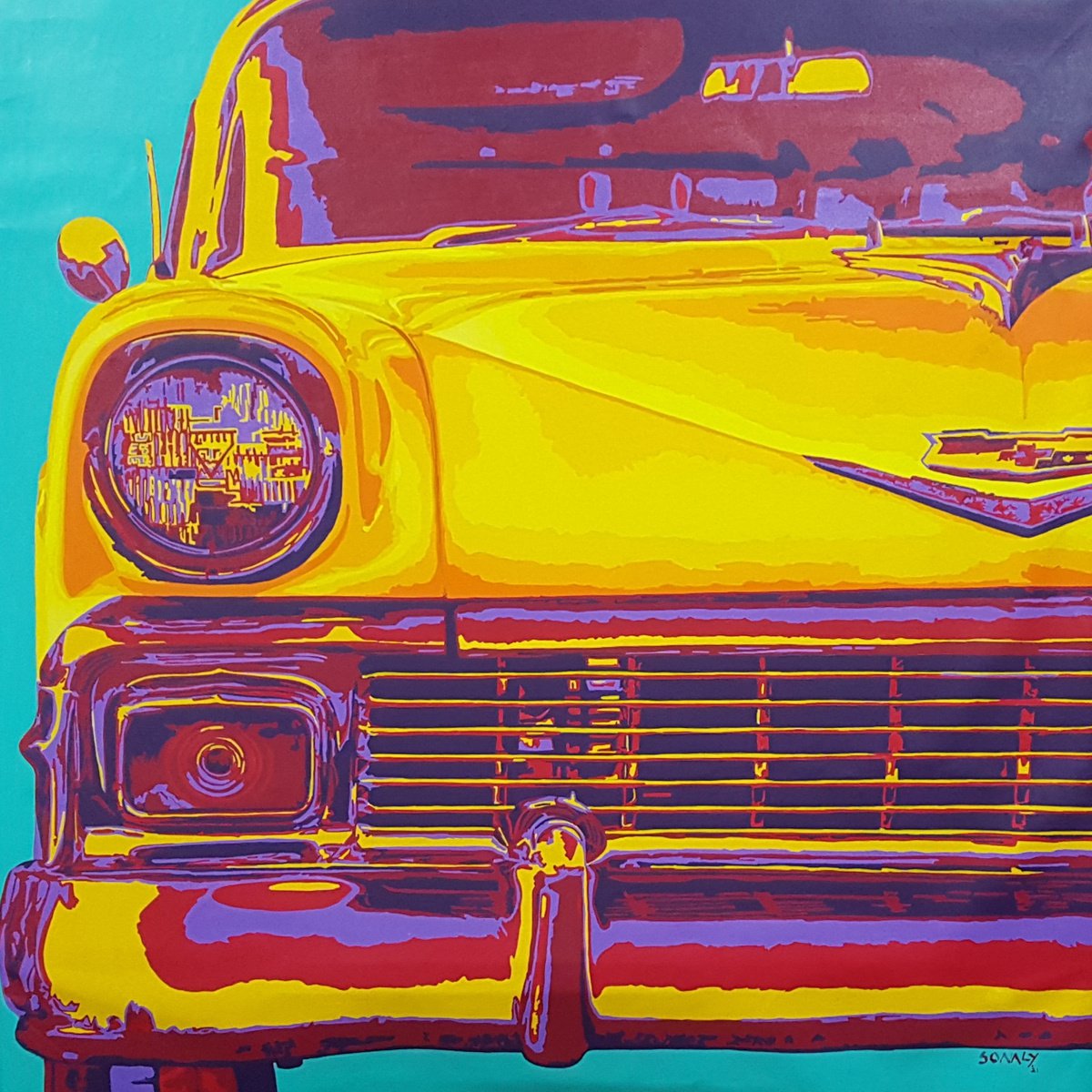 Urban And Pop Transport Acrylic Painting By Sonaly Gandhi, 48 X 48", Automobiles - Classic Meets Pop - Chevrolet 1956, Artfinder