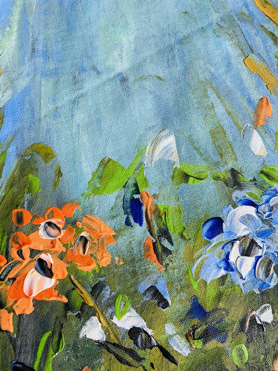 Oranje Blauwe Bloemen in Abstractie - Triptych