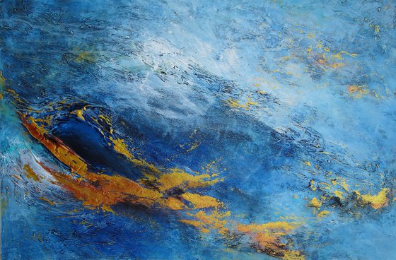 Large Blue and Gold Contemporary Abstract Landscape, Ocean Painting # 810-31. Textured Art