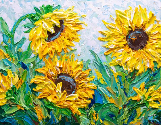 Sunflowers in the morning - Original Floral Painting on Canvas, Palette Knife Art, Textured Impasto Artwork