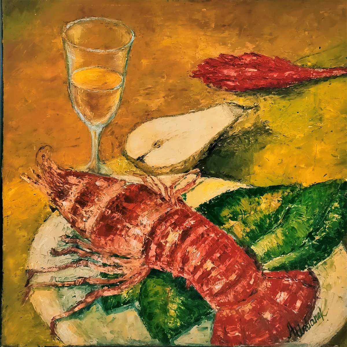 Impressionistic Still Life Oil Painting By Albina Urbanek, 16 X 16, Still Life With Lobster, Original Artwork