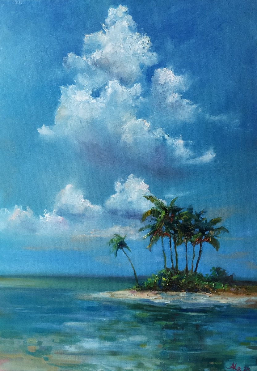 Tropical Island Under Blue Sky By Ann Krasikova, 20 X 28, Artwork For Sale On Artfinder