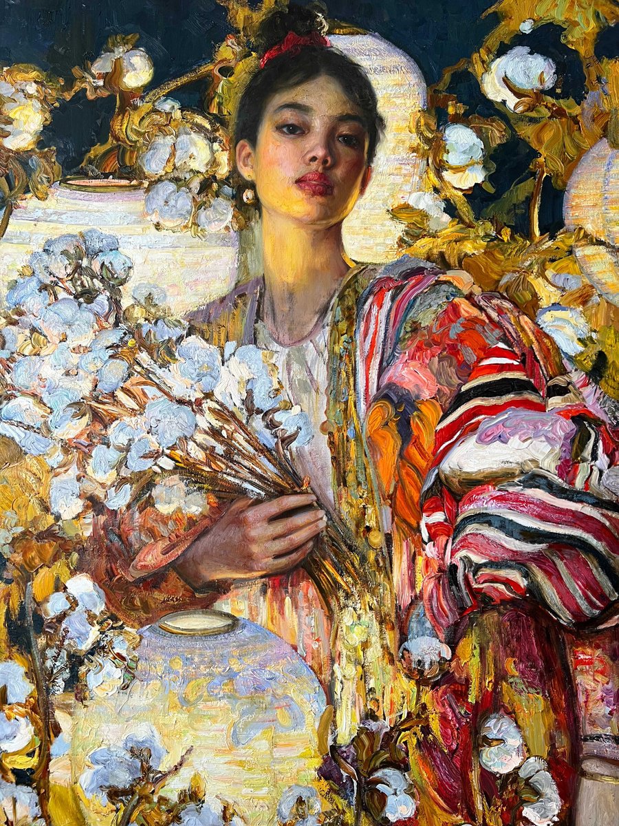 Expressive Portrait Oil Painting By Nihad Aghazada, 53 X 79", "Threads Of Light", Original Artwork