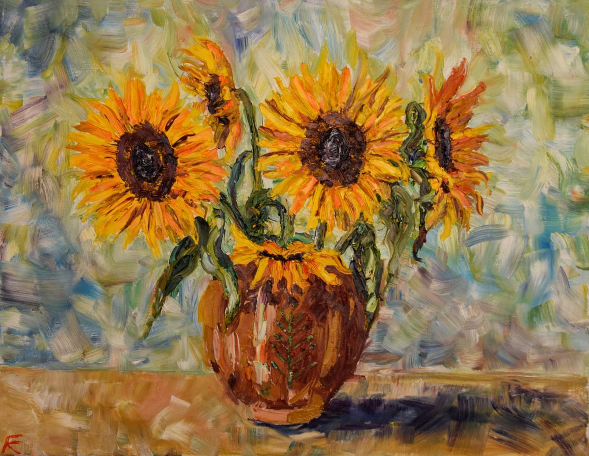 Sunflowers palette knife impasto oil painting on canvas by Kate Grishakova
