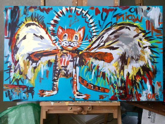 101x61cm Cat La Fallen Angel version of famous painting by Jean-Michel Basquiat