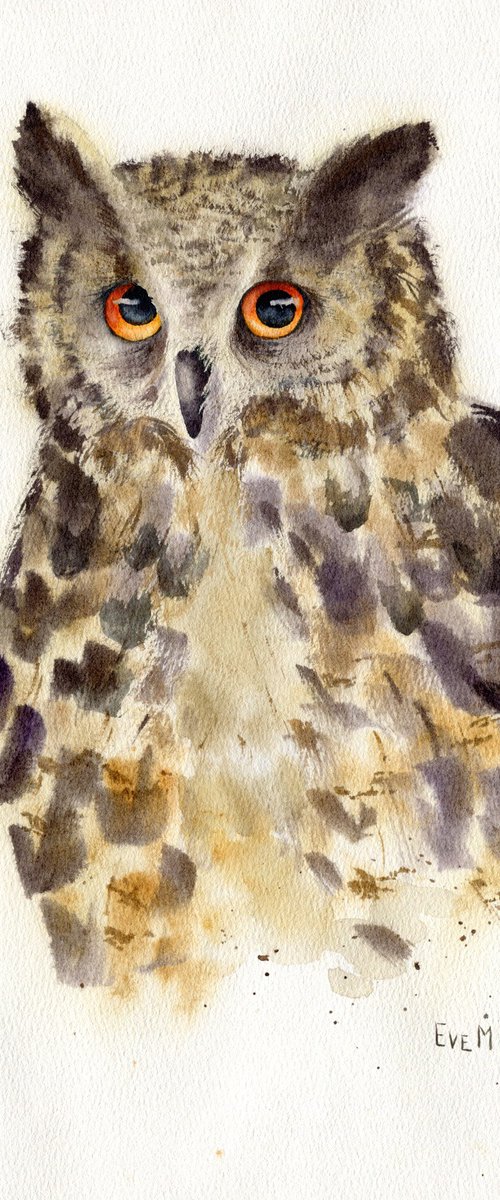 Watercolor portrait of an owl. Animalism. Original watercolor. by Evgeniya Mokeeva