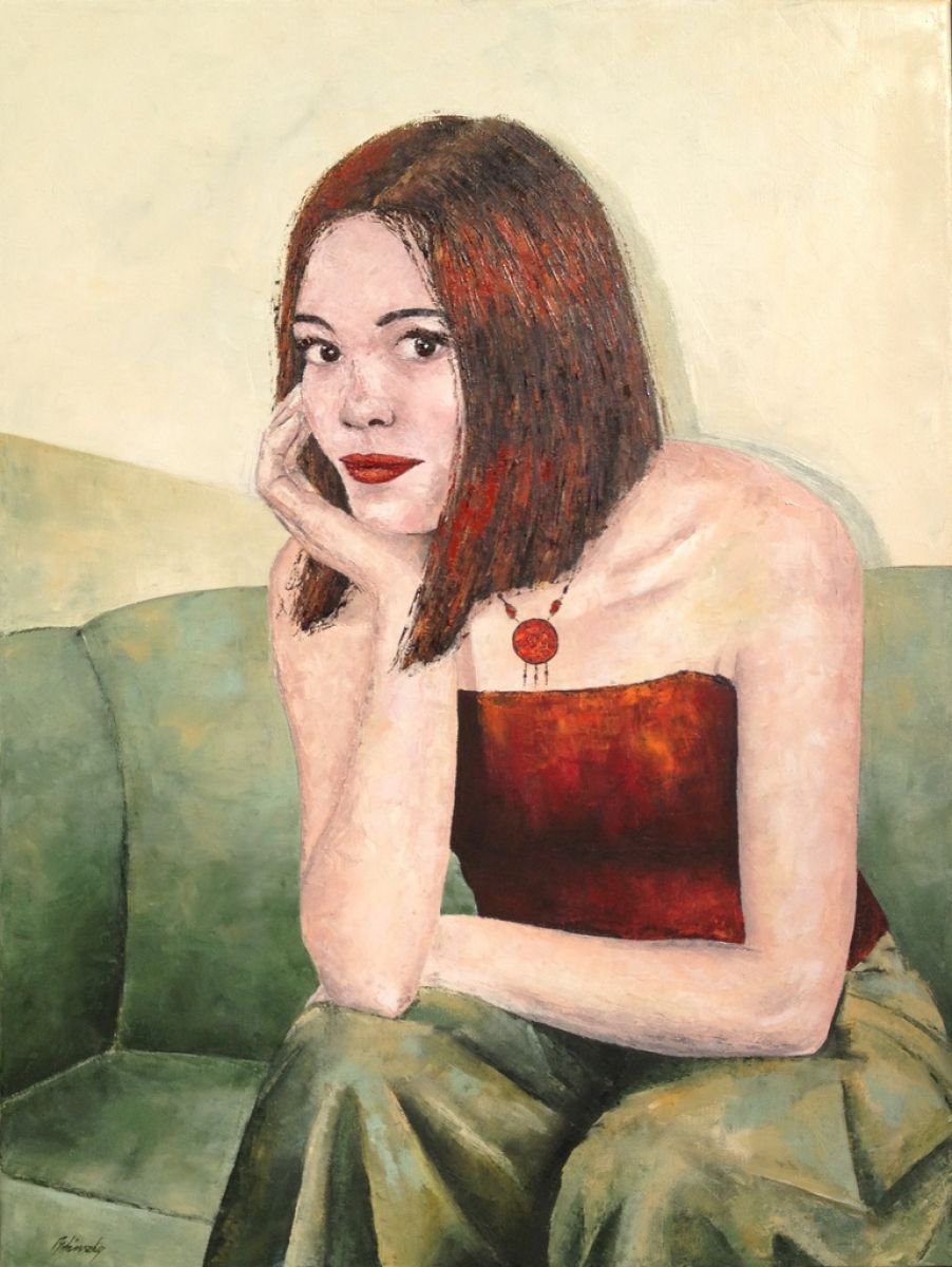 Lady on Olive Green Sofa by Beata Belanszky Demko