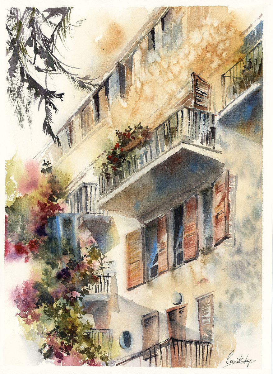 Impressionistic Cityscapes Watercolour By Sophie Rodionov, 11 X 15", Balcony In Old Jaffa, Tel Aviv, Original Artwork