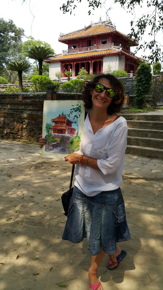 Watercolor landscape. Pagoda