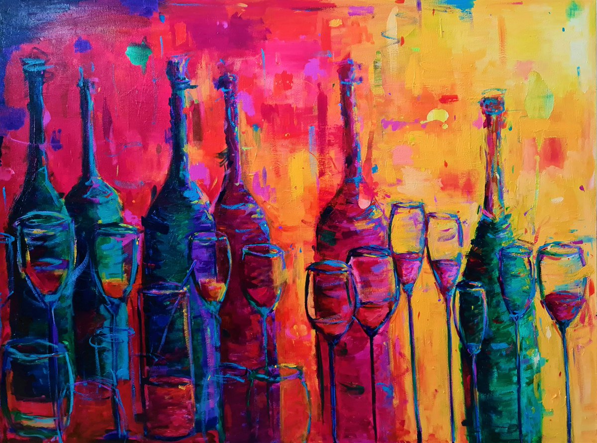 Impressionistic Still Life Acrylic Painting By Dawn Underwood, 40 X 30, After The Party, Original Artwork