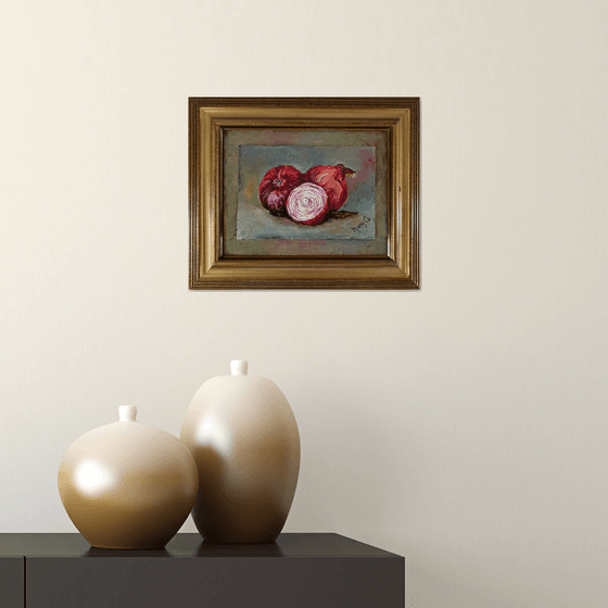 One of a Onion Still Life Oil Painting on gessoed masonite Matted Framed