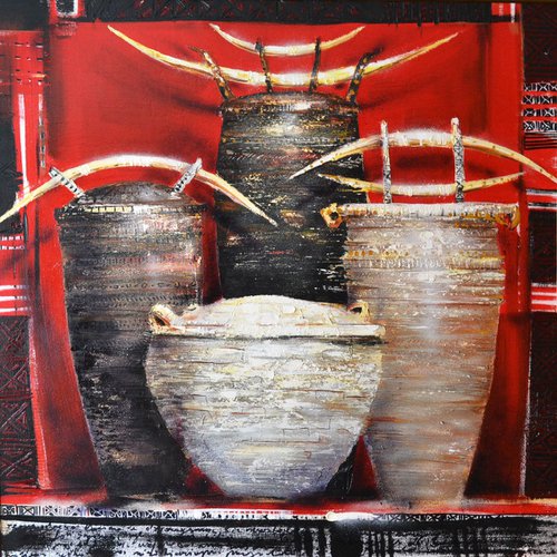 Pots in red window by Aidas Mikelenas
