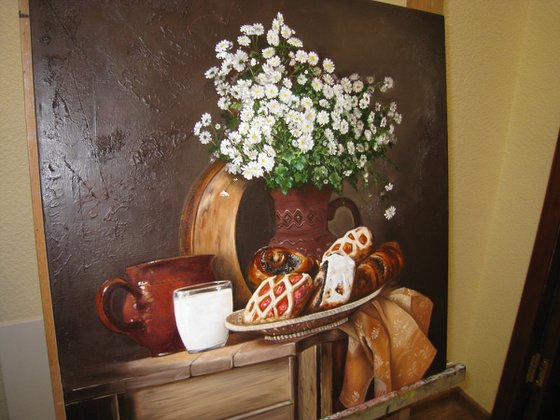 Rural still life, Pastries and White flowers