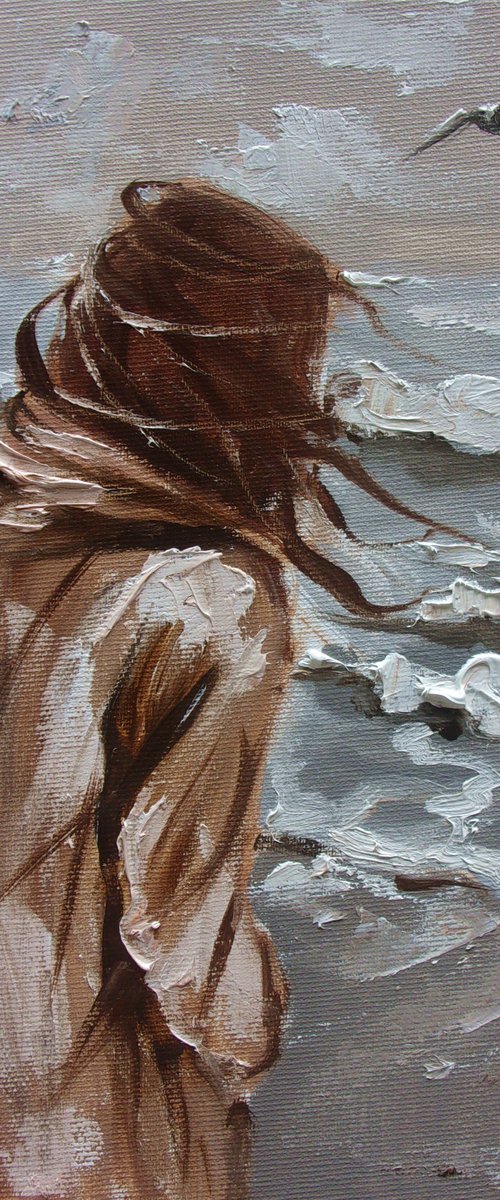 " STORM ... " seaguls SKY SEA SAND liGHt  ORIGINAL OIL PAINTING, GIFT, PALETTE KNIFE by Monika Luniak