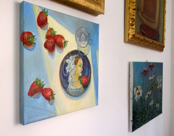 Still life with a plate, stawberries and a glass Romantic Impressionism (2020) 12x12 in. (30x30 cm)
