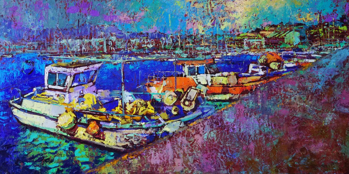 Landscape Oil Painting By Luis Rincon, 47 X 24", Port In Altea, Original Artwork