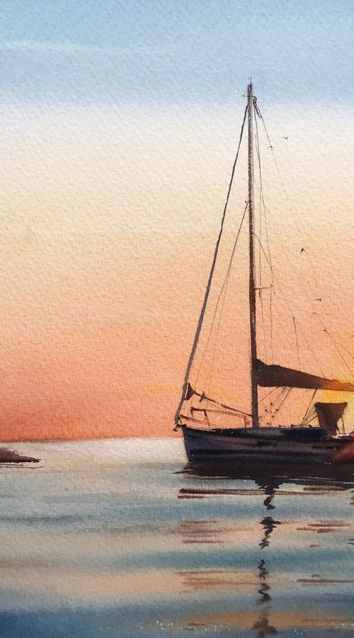 Sailing yacht and fire sunset 2 by Eugenia Gorbacheva
