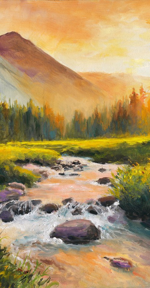 Pine trees by the river sunset by Lucia Verdejo